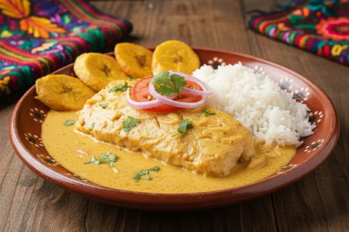 Pescado en salsa de coco con arroz y plátano